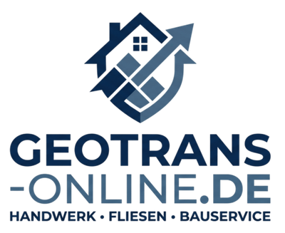 GEO TRANS-ONLINE.DE Logo: Haus, Pfeil nach oben, Text "HANDWERK • FLIESEN • BAUSERVICE".